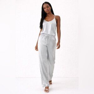 Vintage Blue Silver Satin Two Piece Set Size 44 Camisole Wide Leg Pants Lounge